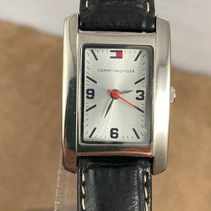 Tommy Hilfiger Black Strap Tank Style Watch Silver Tone Almost New